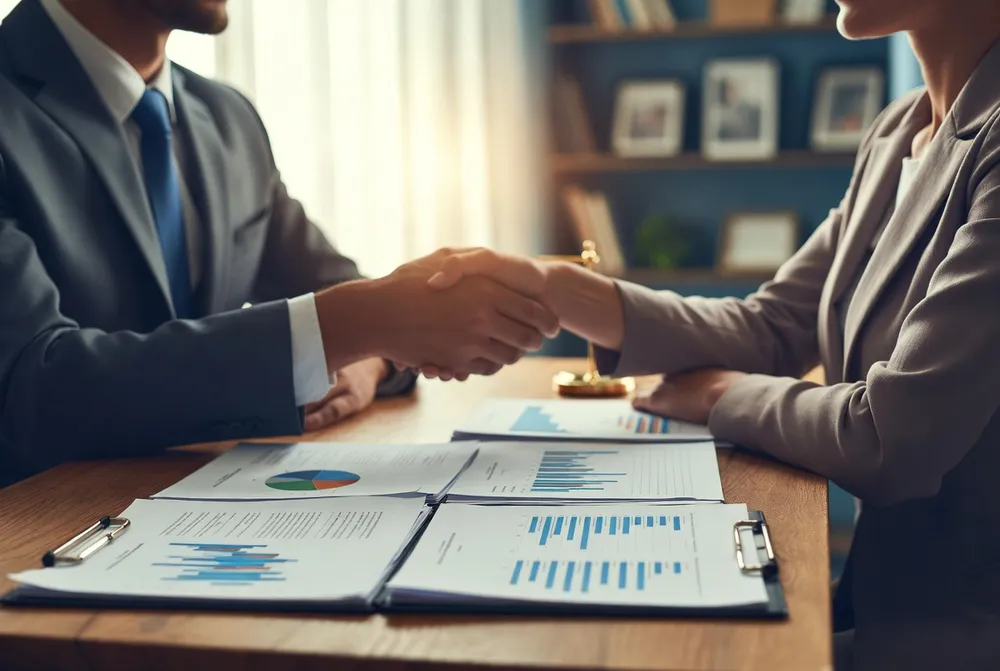 Stretta di mano tra professionisti durante una consulenza di diritto societario.